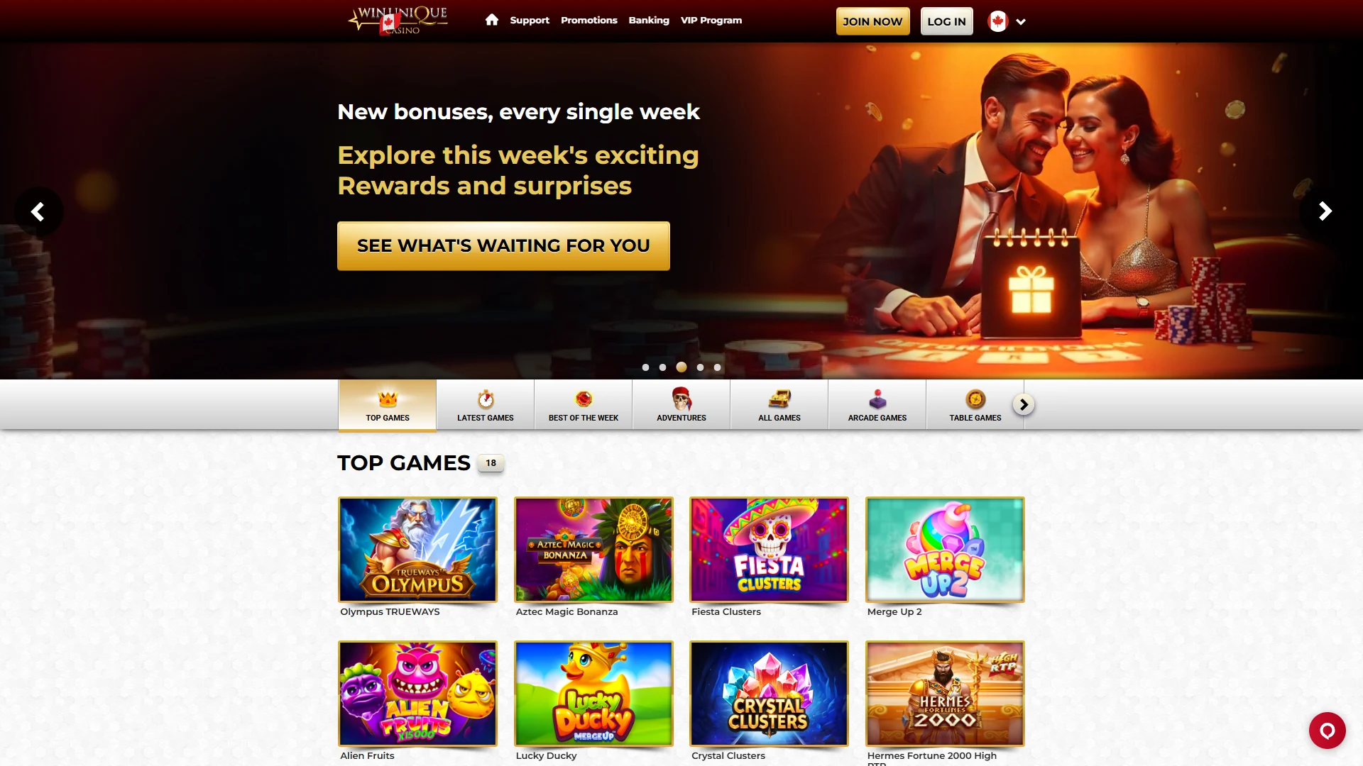 Unique Casino casino lobby on desktop